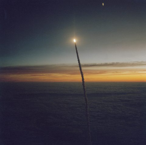 Challenger climbs into a Florida dawn by NASA, 1984, framed print