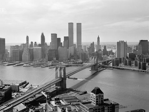 Brooklyn Bridge and the towers by Jack Boucher, 1978, framed print