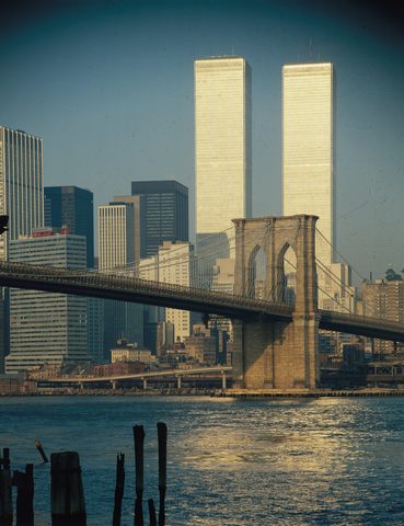 World Trade Center from Brooklyn Bridge by Balthazar Korab, 1973, framed print