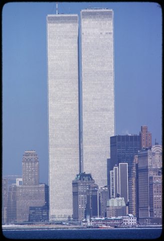 Twin Towers from the harbor by Bernard Gotfryd, 1975, framed print