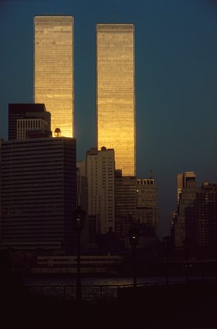 World Trade Center at night by Balthazar Korab, 1976, framed print