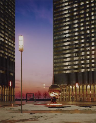 World Trade Center plaza at dusk by Balthazar Korab, 1976, framed print