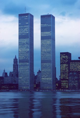 World Trade Center from the harbor at twilight by Balthazar Korab, 1976, framed print