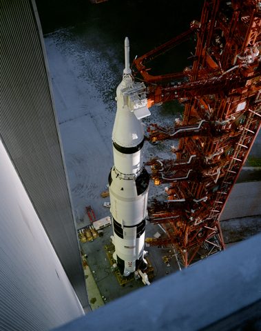 Apollo 12 Saturn V and tower from the VAB heights by NASA, 1969, framed print