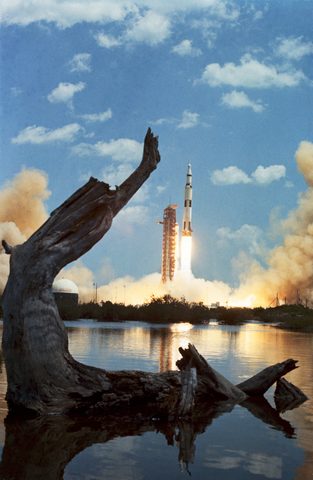 Apollo 16 Saturn V rises over the lagoon by NASA, 1972, framed print
