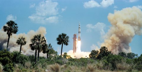 Apollo 16 Saturn V liftoff beyond the palms by NASA, 1972, framed print