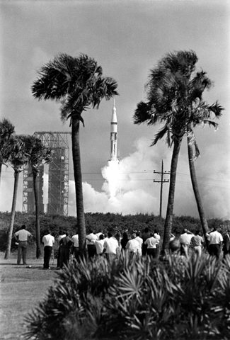 Apollo 7 Saturn IB liftoff beyond the palms by NASA, 1968, framed print