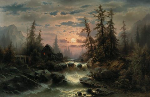Mountain Stream in the Moonlight by Albert Rieger, framed print