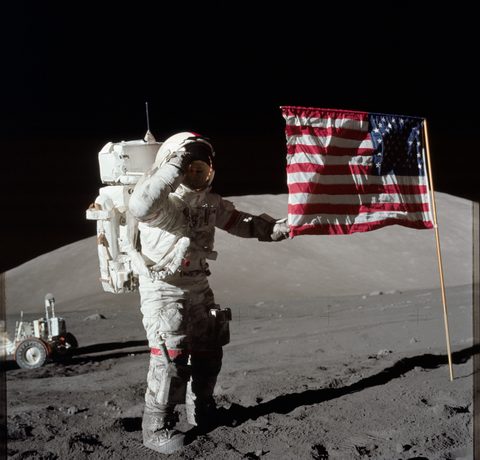Cernan beside the flag by NASA / Harrison Schmitt, 1972, framed print