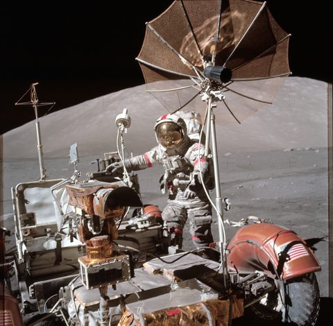 Cernan and the lunar rover below South Massif by NASA, 1972, framed print