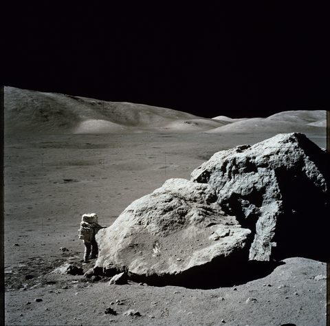 Schmitt at the split boulder, Taurus-Littrow by NASA, framed print