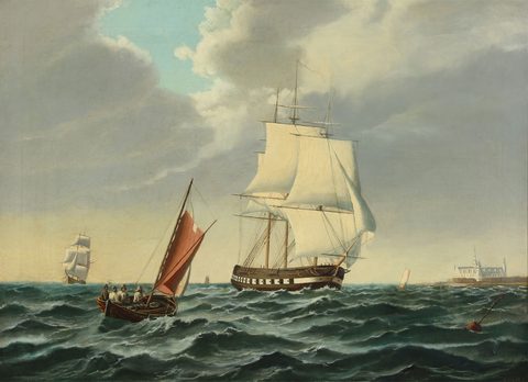 Warship Outward Bound with Kronborg to Port