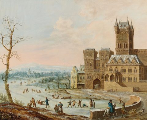 Winter Landscape with a Gothic Castle by Johann Philipp Ulbricht, c. 1820, framed print