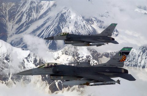 F-16s over Alaska by USAF / Rob Wieland, 2006, framed print