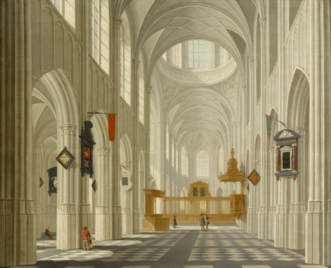 Church Interior with White Columns