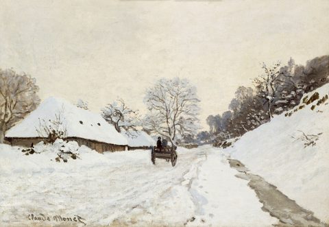 A Cart on the Snowy Road at Honfleur by Claude Monet, 1865, framed print