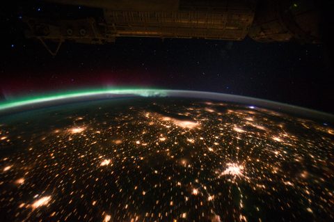 Aurora and Midwest city lights from orbit by NASA, 2011, framed print