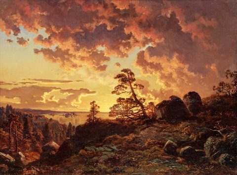 Sunset over the bay by Johan Edvard Bergh, 1855, framed print