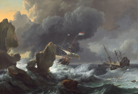 Ships in Distress off a Rocky Coast by Ludolf Bakhuizen, 1667, framed print