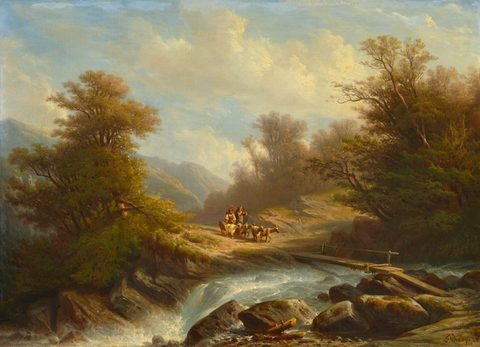 River with Trees, Bridge and Goats