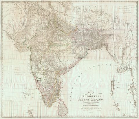 Map of Hindoostan by James Rennell, 1788, framed print