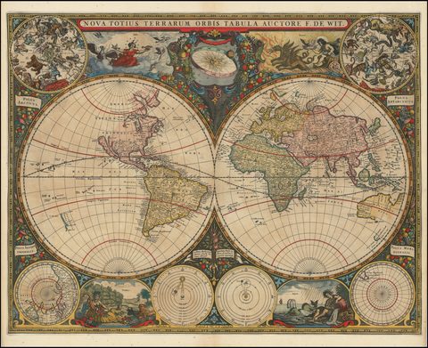 Nova Totius Terrarum Orbis Tabula by Frederik de Wit, 1660, framed print