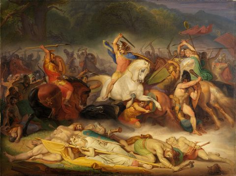 The Battle of the Teutoburg Forest (Die Hermannsschlacht) by Wilhelm Lindenschmit the Elder, c. 1840, framed print
