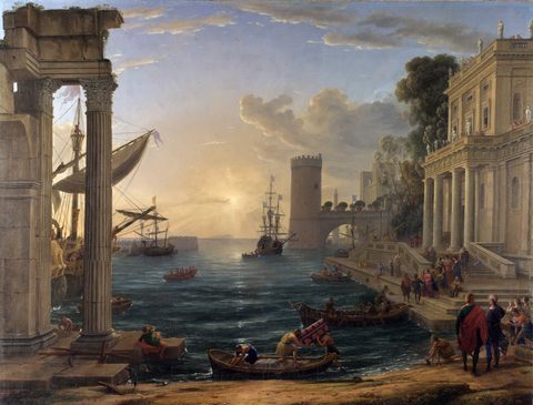 Seaport with the Embarkation of the Queen of Sheba by Claude Lorrain, 1648, framed print