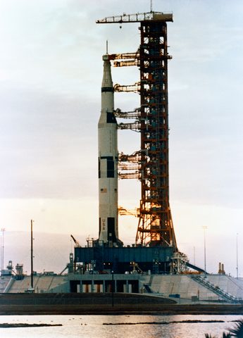 Apollo 10 Saturn V at sunset on Pad B by NASA, framed print