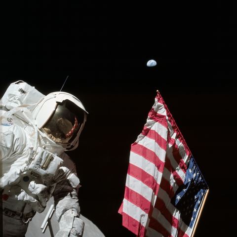 Schmitt beside the flag by NASA / Eugene Cernan, 1972, framed print