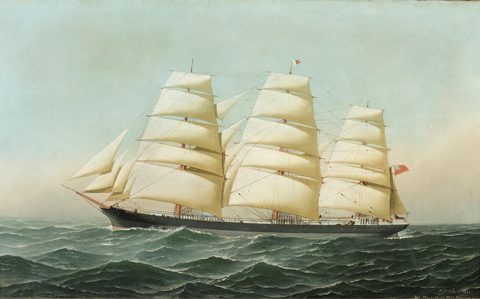 The British Clipper Ship Laomene under Full Sail by Antonio Jacobsen, framed print