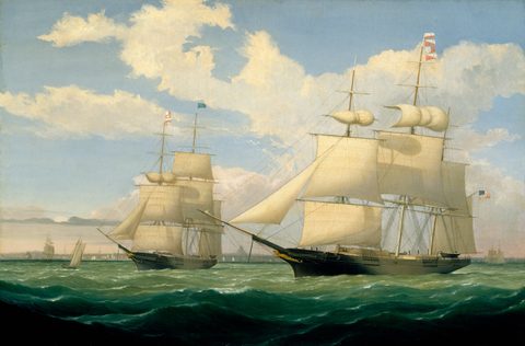 The Ships Winged Arrow and Southern Cross in Boston Harbor by Fitz Henry Lane, 1853, framed print
