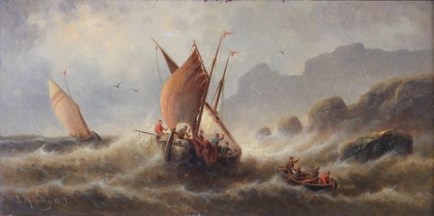 Fishing Boat in a Heavy Sea by Josef Mahorcig, 1879, framed print