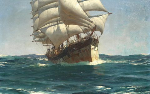 A Clipper Running before the Wind by Thomas Somerscales, framed print