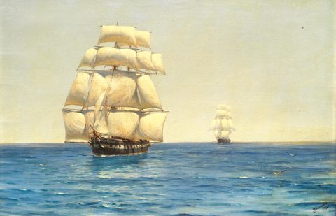 Two Royal Navy Corvettes on Patrol in the Southern Ocean by Thomas Somerscales, framed print