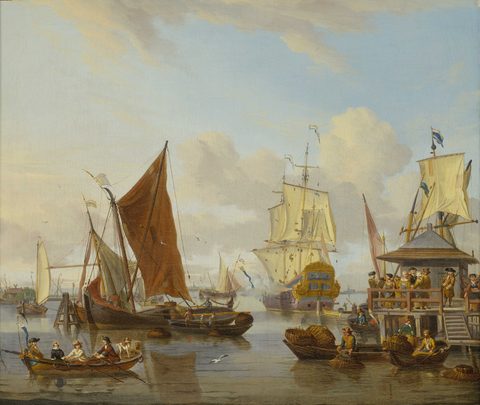 Shipping off Amsterdam by Abraham Storck, 17th century, framed print