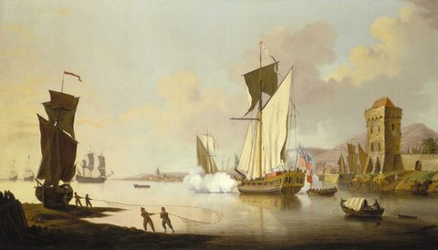 Fishing Scene with a Royal Yacht near the Shore by Francis Swaine, 1768, framed print