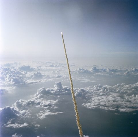 STS-7 Challenger ascent plume from chase plane by NASA, 1983, framed print
