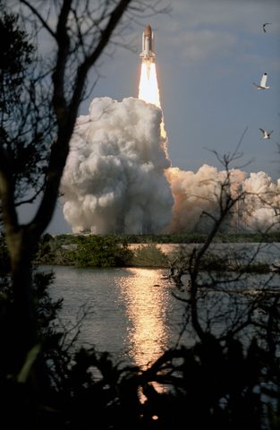 Columbia STS-80 liftoff from Pad 39B by NASA, 1996, framed print