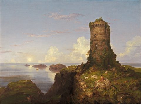 Italian Coast Scene with Ruined Tower by Thomas Cole, 1838, framed print
