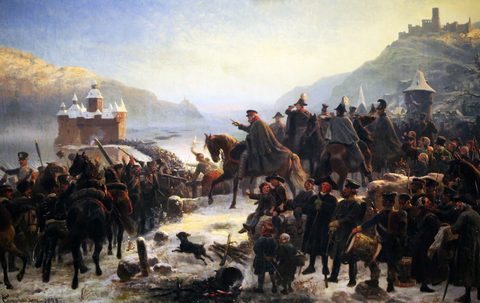 Blücher's Crossing of the Rhine at Kaub by Wilhelm Camphausen, 1859, framed print